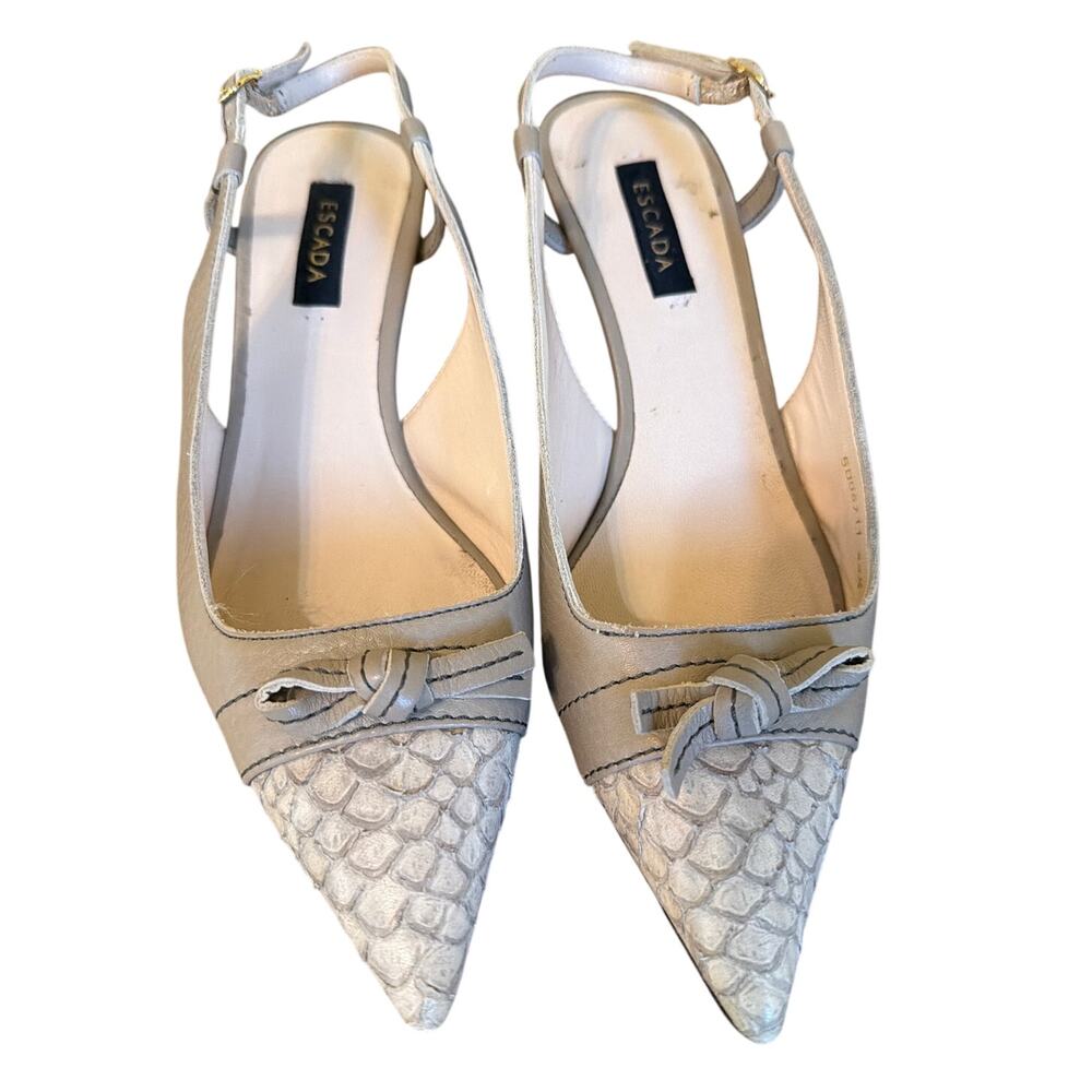 Escada Beige and Metallic Silver Pointed Toe Slingback Heels